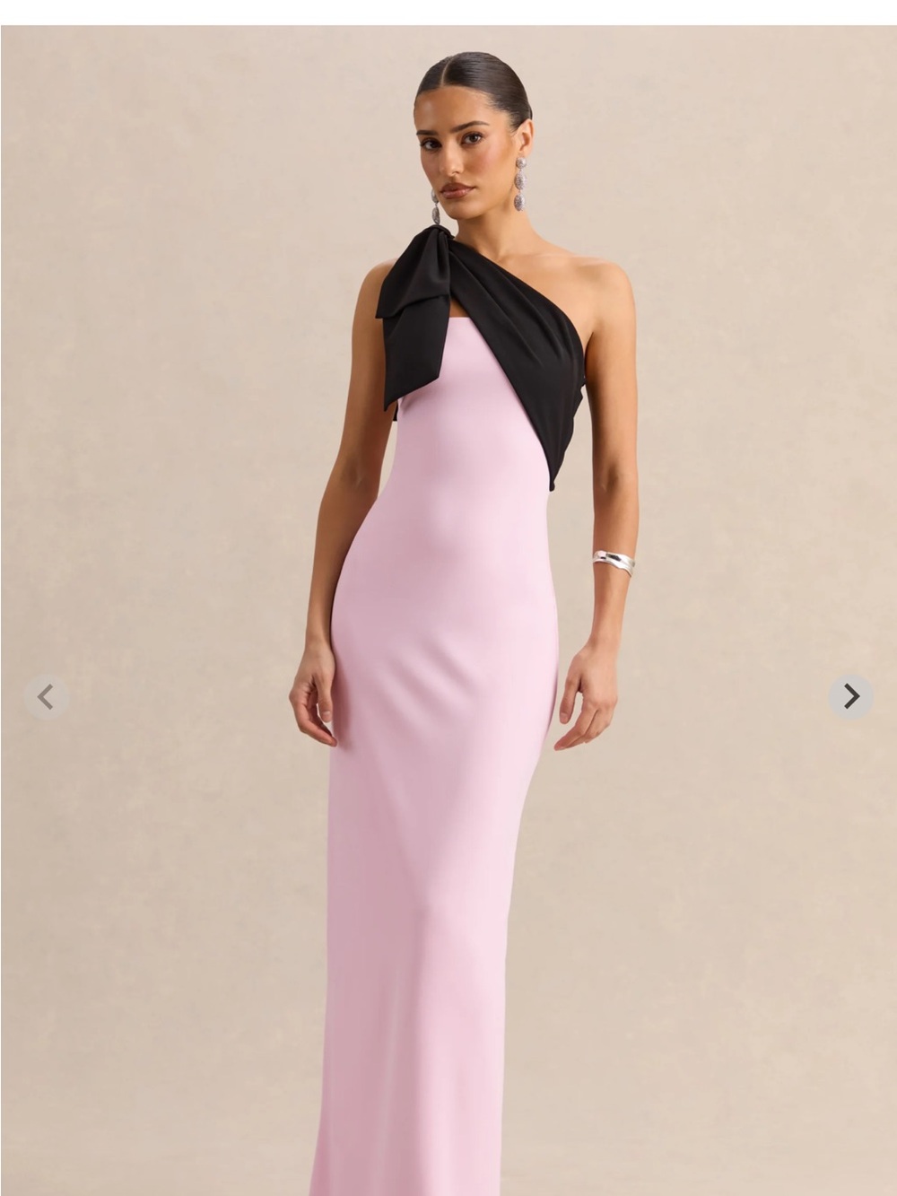 Club L London One-Shoulder Pink and Black Bow Gown